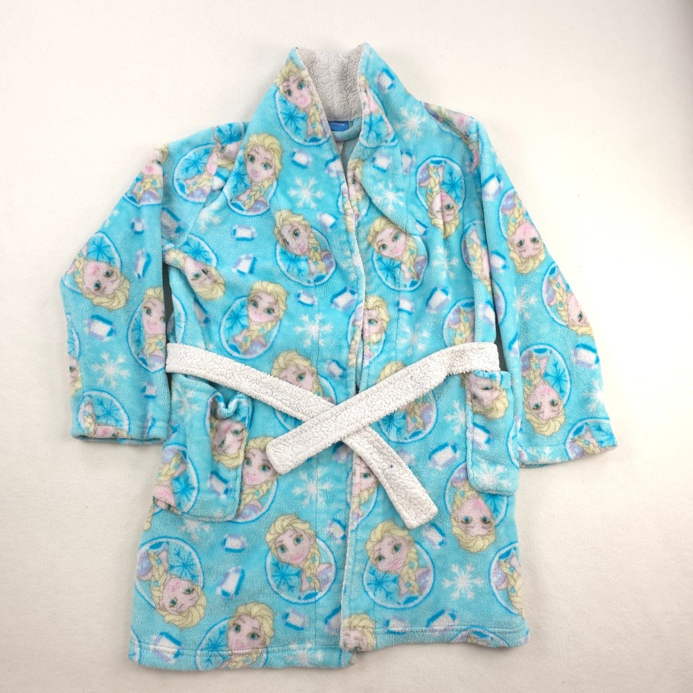 Disney Frozen Elsa Bathrobe Womens 8 Blue Fleece Sherpa Trim Snowflake Robe